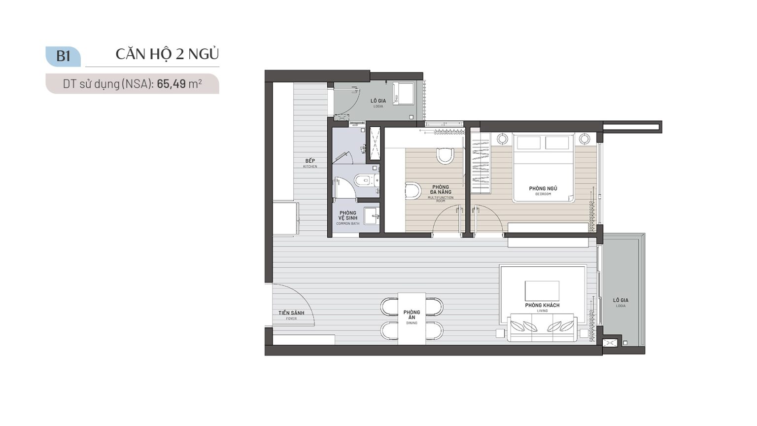 Căn hộ 2 phòng ngủ 1wc 65 m2