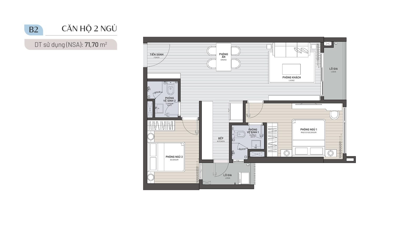 Căn hộ 2 phòng ngủ 2wc 71 m2