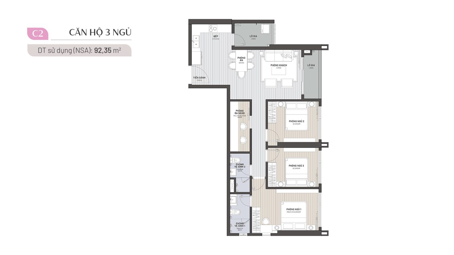 Căn hộ 3 phòng ngủ 92 m2