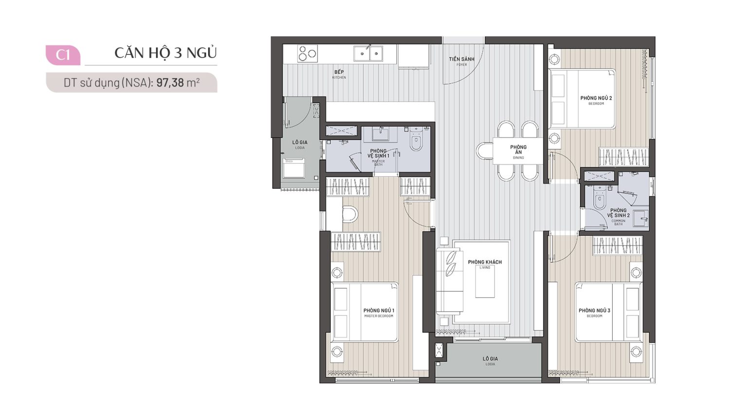 Căn hộ 3 phòng ngủ 97 m2