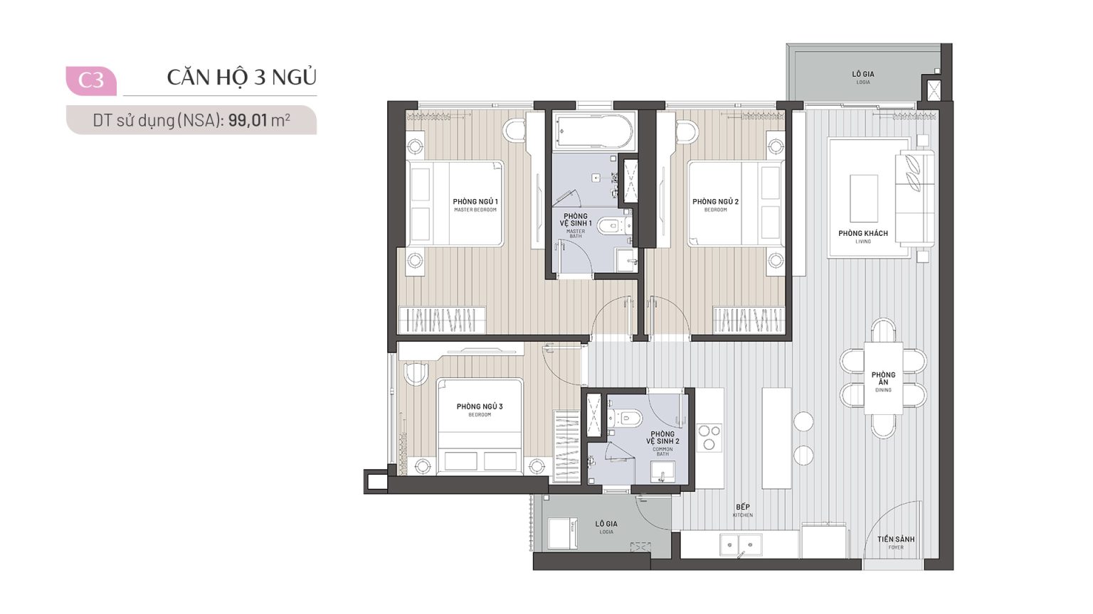 Căn hộ 3 phòng ngủ 99 m2