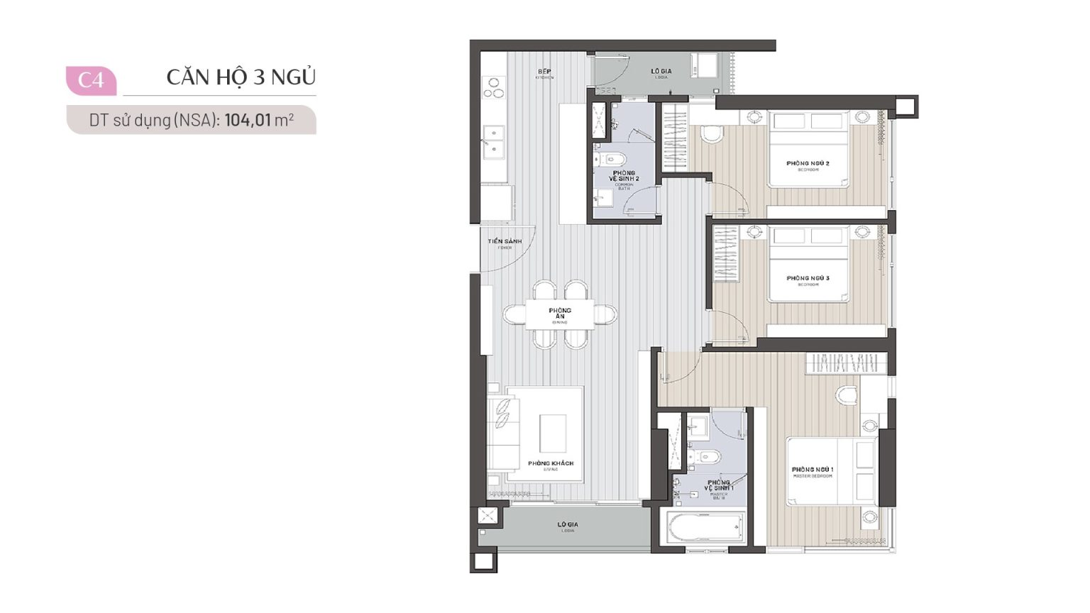 Căn hộ 3 phòng ngủ 104 m2