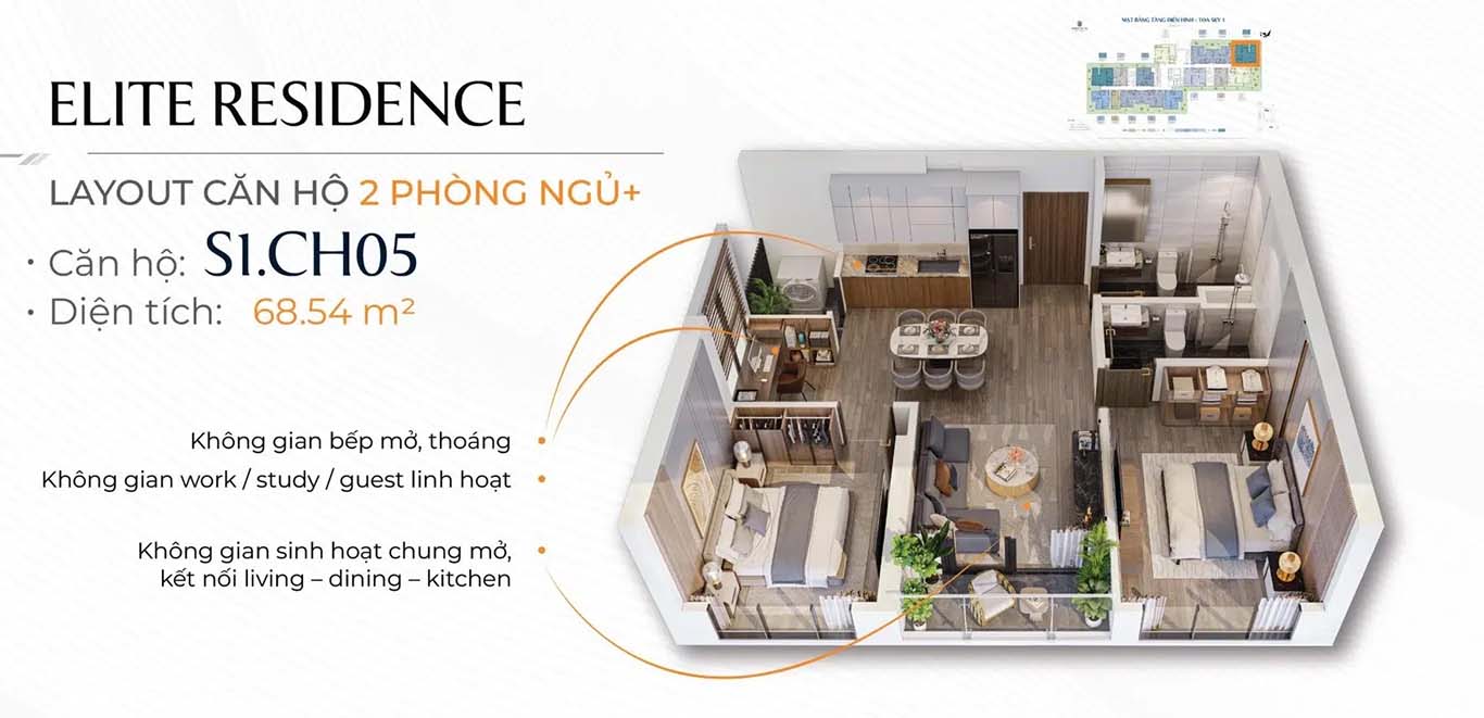 Layout thiết kế căn hộ 2PN+