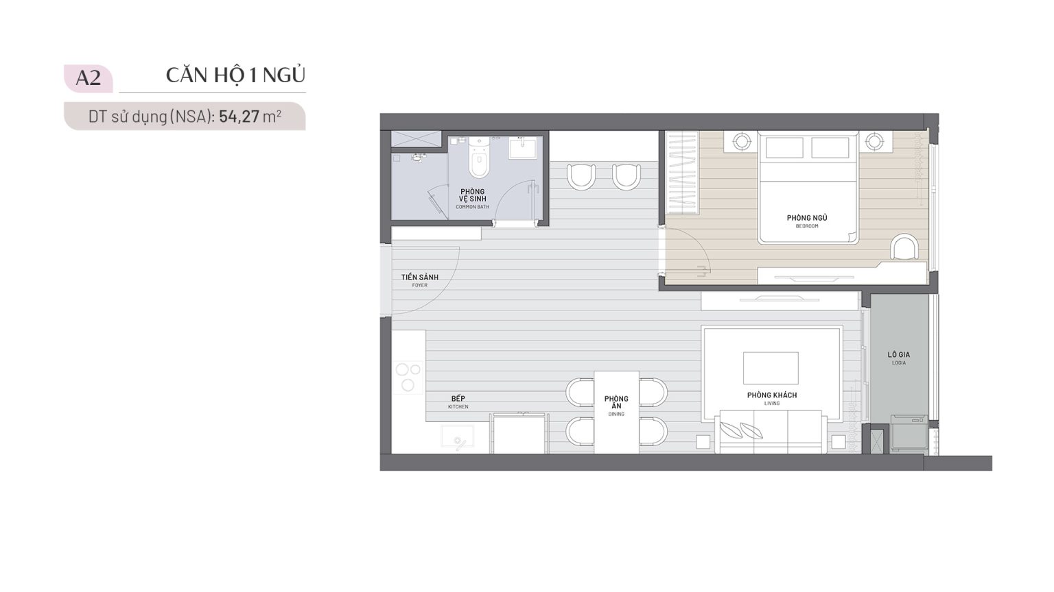 Căn hộ 1 phòng ngủ 54 m2